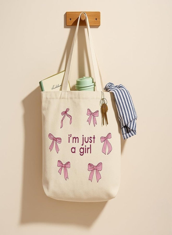 FUNKYFINDS “I’m Just a Girl” Cute Pink Bow Embroidery Tote Bag for Women - Aesthetic Canvas Shoulder Bag for Daily Use, Shopping, College & Travel, Office & Casual Outings - Image 4